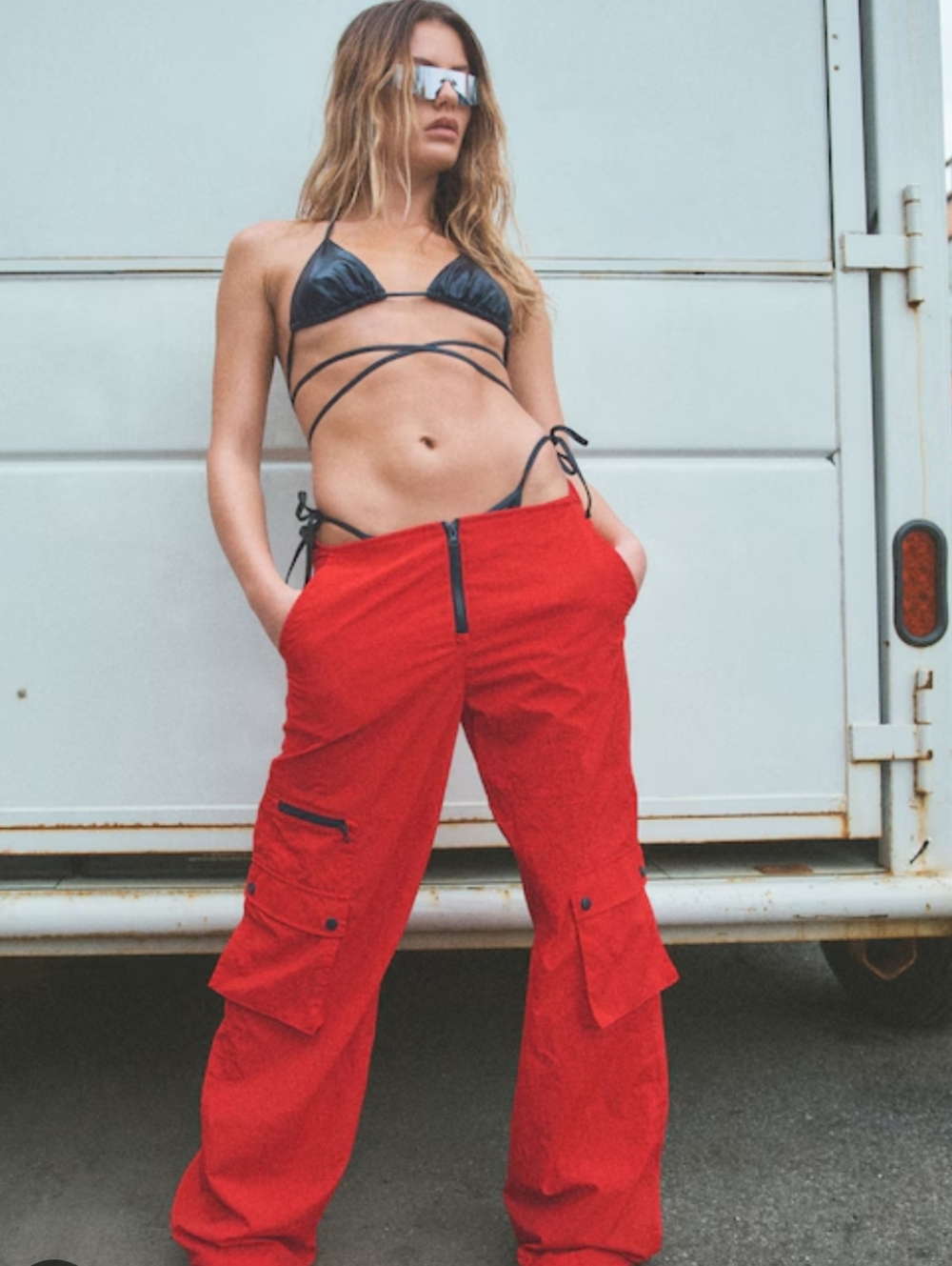 Garage Red Cargo Parachute Pants Nylon Y2K Large Festival